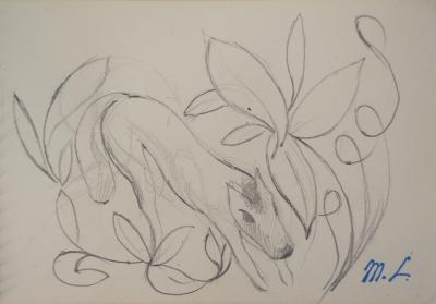 Marie LAURENCIN : Chien jouant dans la jardin, dessin original signé 2