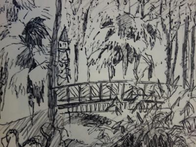 Jules CAVAILLES : Jardin japonais - Grand dessin original 2