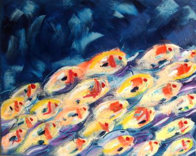 HAYVON  banc de sardines acrylique et résine sur toile 2
