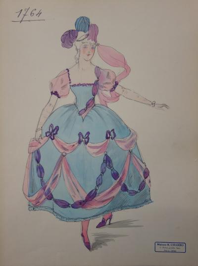 R. CHARBO - Dessin de mode de robe dans le goût du XVIIIème, Dessin original signé 2