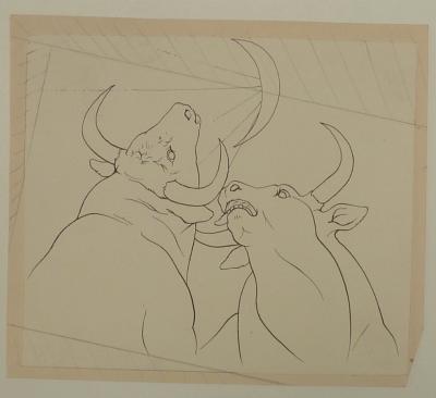 Pierre-Yves TREMOIS : Deux taureaux au clair de lune - Dessin original, 1959 2