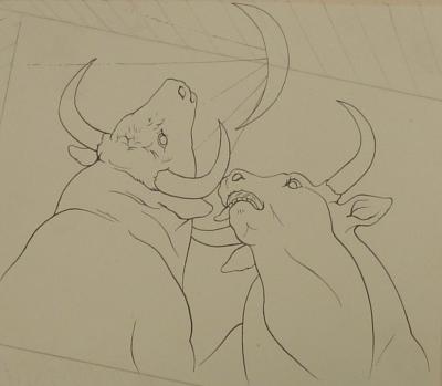Pierre-Yves TREMOIS : Deux taureaux au clair de lune - Dessin original, 1959 2