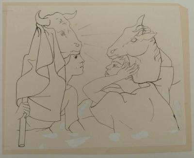 Pierre-Yves TREMOIS : Jeu de masques, cheval et taureau, 1959 - Dessin original 2
