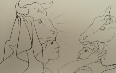 Pierre-Yves TREMOIS : Jeu de masques, cheval et taureau, 1959 - Dessin original 2