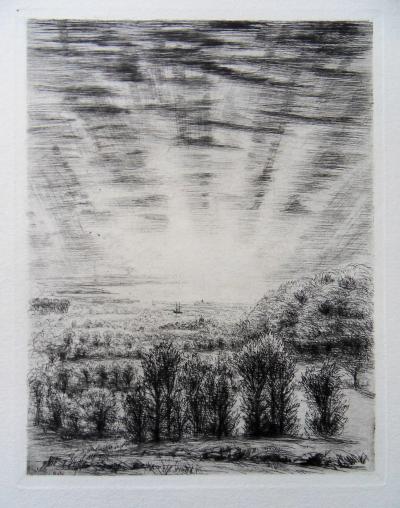 Jean FRELAUT : Lever de soleil en Normandie - Gravure originale Signée, 1942 2