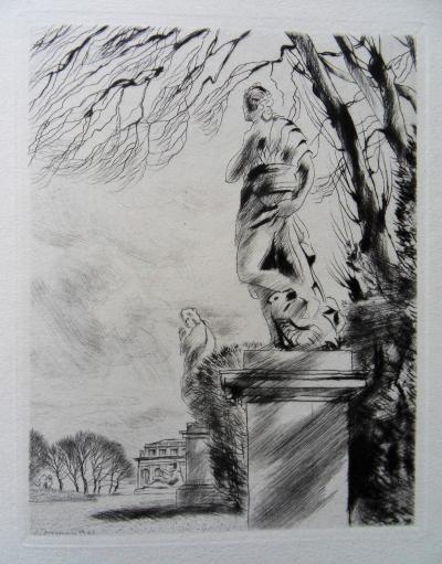 André JACQUEMIN : Sculptures dans un parc - Gravure originale Signée, 1942 2