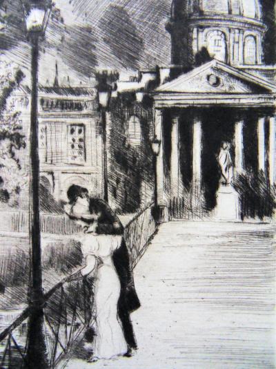 Jean BERSIER: The lovers of the Pont des Arts - Original etching, 1942 2