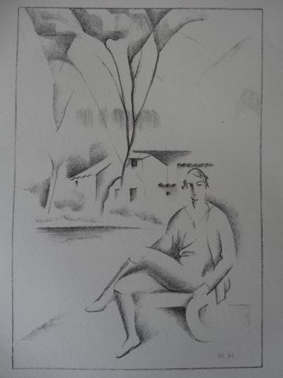 Raymonde HEUDEBERT : Hippolyte au jardin cubiste - Lithographie originale Signée, 1930 2