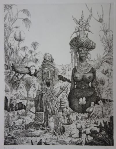 Miguel FRALEY : Les totems surréalistes, gravure originale signée 2