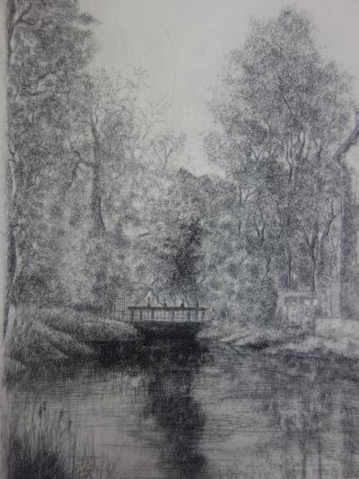 Gérard BANCAL : Villa au bord du lac, Gravure originale signée 2