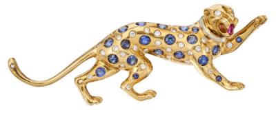 Broche panthère en or jaune, corps serti de saphirs 2