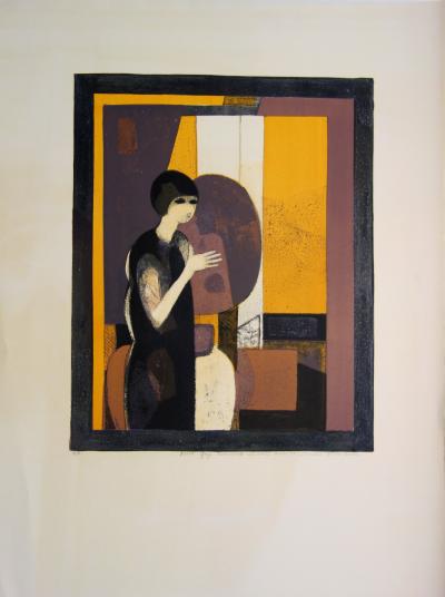 André MINAUX : Jeune femme dans une structure abstraite - Lithographie originale signée 2