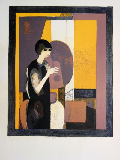 André MINAUX : Jeune femme dans une structure abstraite - Lithographie originale signée 2