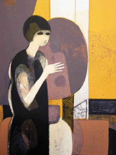 André MINAUX : Jeune femme dans une structure abstraite - Lithographie originale signée 2