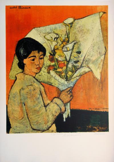 André MINAUX : Femme au bouquet - Lithographie originale Signée 2