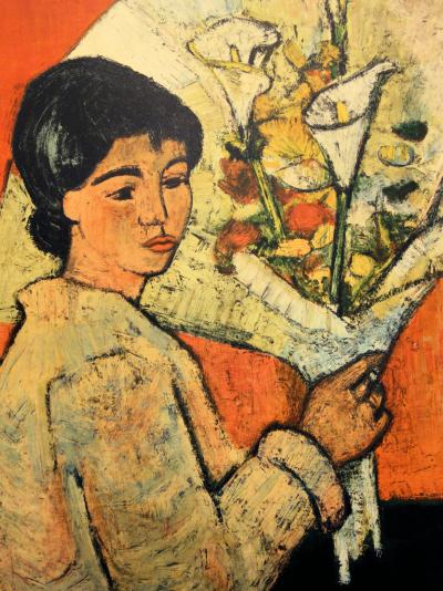 André MINAUX : Femme au bouquet - Lithographie originale Signée 2