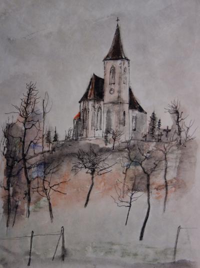 Bernard GANTNER : La petite église - Aquarelle signée 2