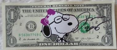 DEATH NYC, Billet de 1 dollar Snoopy, pièce unique signée et datée en 2016 par l’artiste 2