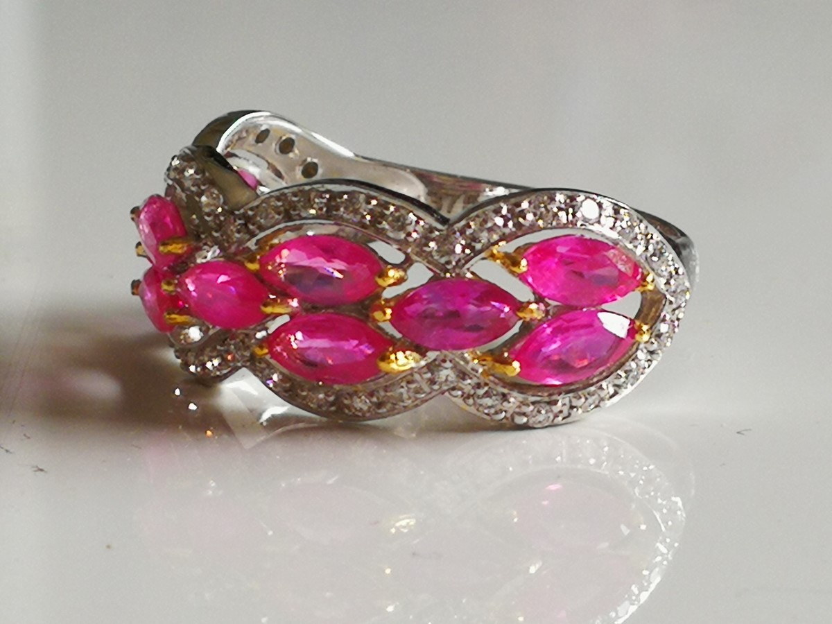Bague Or Blanc 18k Saphir Rose Et Diamants - Taille Ajustable 6 à 9