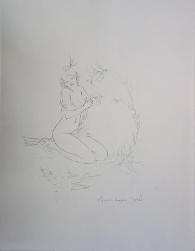 Amandine Doré : Jeune-fille et petits oiseaux - Dessin original signé 2