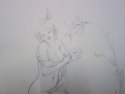 Amandine Doré : Jeune-fille et petits oiseaux - Dessin original signé 2