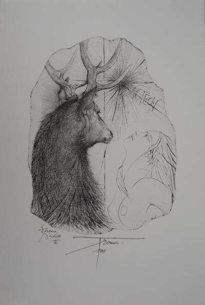 Pierre-Yves TREMOIS - Acteon, cerf et jeune femme, gravure originale signée 2