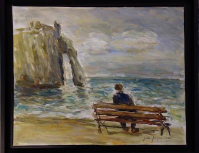 Jean Jacques RENE : Un banc à Etretat - Huile sur toile Signée 2