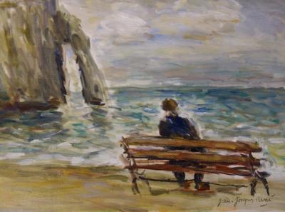 Jean Jacques RENE : Un banc à Etretat - Huile sur toile Signée 2