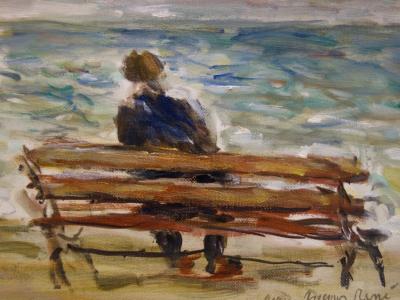 Jean Jacques RENE : Un banc à Etretat - Huile sur toile Signée 2