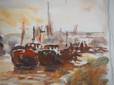 Jean-Jacques RENE : Péniches à Rouen - Aquarelle originale Signée 2