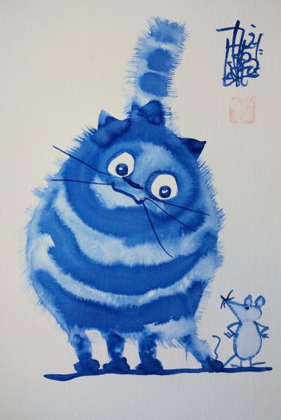 Laszlo Tibay : Chat et souris fâchée - Dessin original à l’encre Signé 2