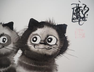 Laszlo Tibay : Les deux chatons qui s’adorent - Dessin original à l’encre Signé 2