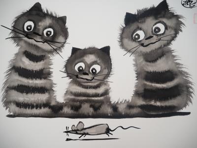 Laszlo Tibay: Three curious little cats and a mouse - Original ink drawing Signed 2