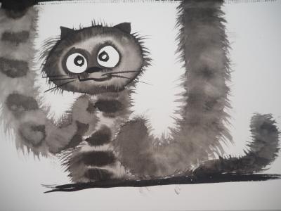 Laszlo Tibay : Les trois chatons sereins - Dessin original à l’encre Signé 2