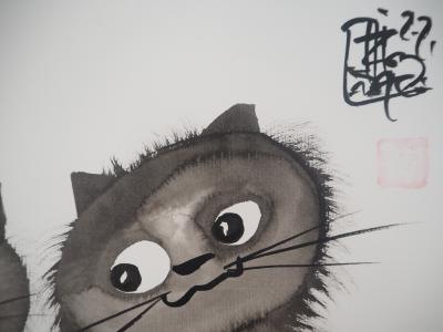 Laszlo Tibay : Les trois chatons sereins - Dessin original à l’encre Signé 2