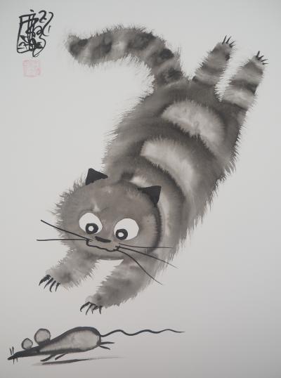 Laszlo Tibay : La souris n’échappera pas au chaton ! - Dessin original à l’encre Signé 2
