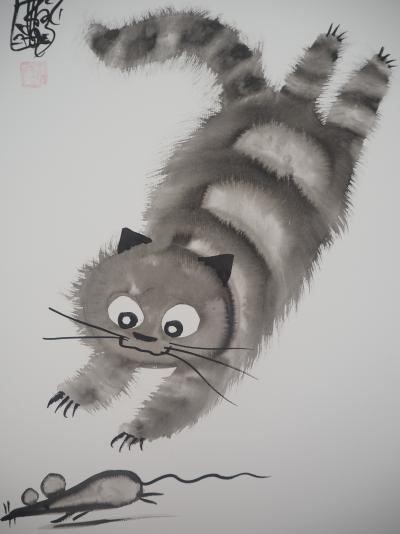 Laszlo Tibay : La souris n’échappera pas au chaton ! - Dessin original à l’encre Signé 2