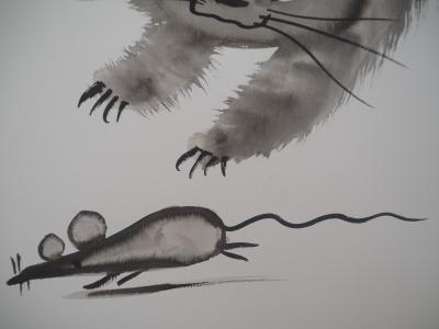 Laszlo Tibay : La souris n’échappera pas au chaton ! - Dessin original à l’encre Signé 2