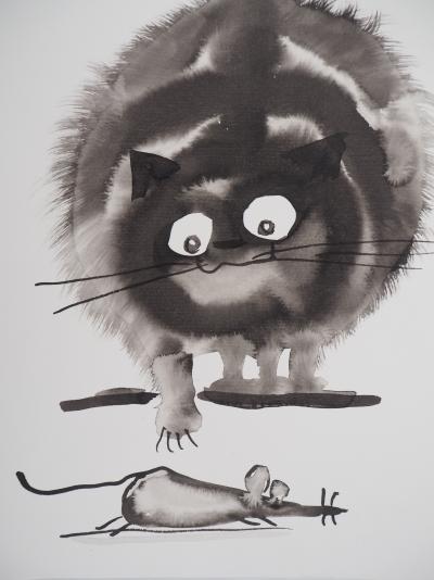 Laszlo Tibay: Cat and Mouse - Original ink drawing Signed 2