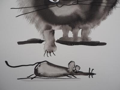 Laszlo Tibay: Cat and Mouse - Original ink drawing Signed 2