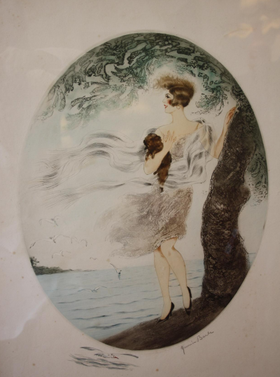 Maurice BARLE - Élégante avec son chien au bord de la mer- Gravure gouachée Elegant woman with her dog at the seaside - Gouache print 2