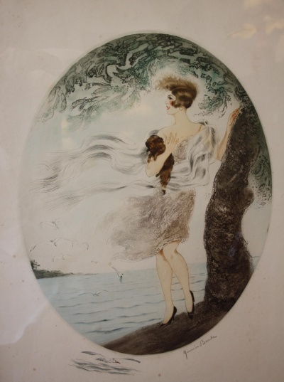 Maurice BARLE - Élégante avec son chien au bord de la mer- Gravure gouachée circa 1925 2