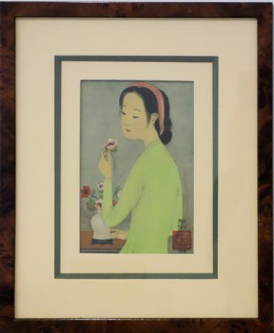 Mai Thu : Jeune fille à la rose - Lithographie originale Signée 2