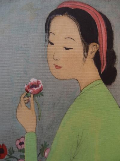 Mai Thu : Jeune fille à la rose - Lithographie originale Signée 2