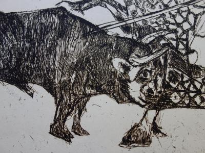 Bernard LORJOU: Picador and bull - Original signed etching 2
