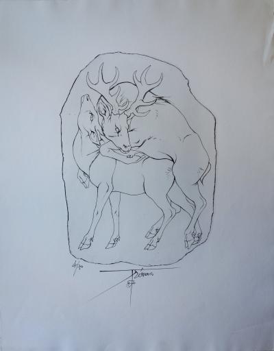 Pierre-Yves TREMOIS : Accouplement d’un cerf et d’une biche - Gravure originale Signée 2