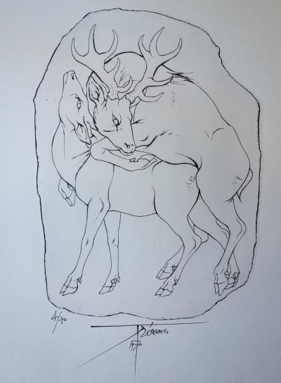 Pierre-Yves TREMOIS : Accouplement d’un cerf et d’une biche - Gravure originale Signée 2