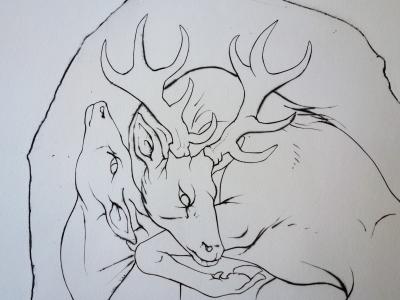 Pierre-Yves TREMOIS : Accouplement d’un cerf et d’une biche - Gravure originale Signée 2