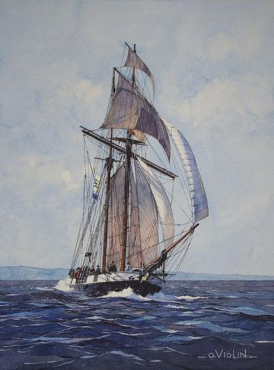 Olivier Violin (1971-) : « Bateau en mer », Aquarelle sur papier 2