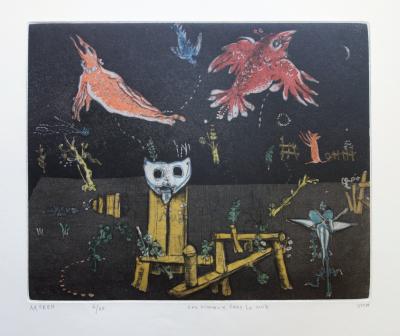 Mordecai MOREH : Les oiseaux dans la nuit - Gravure originale Signée 2